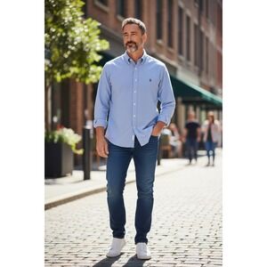 Ralph Lauren Mens XXL Slim Fit Stretch Oxford Shirt Light Blue Long Sleeve Pony